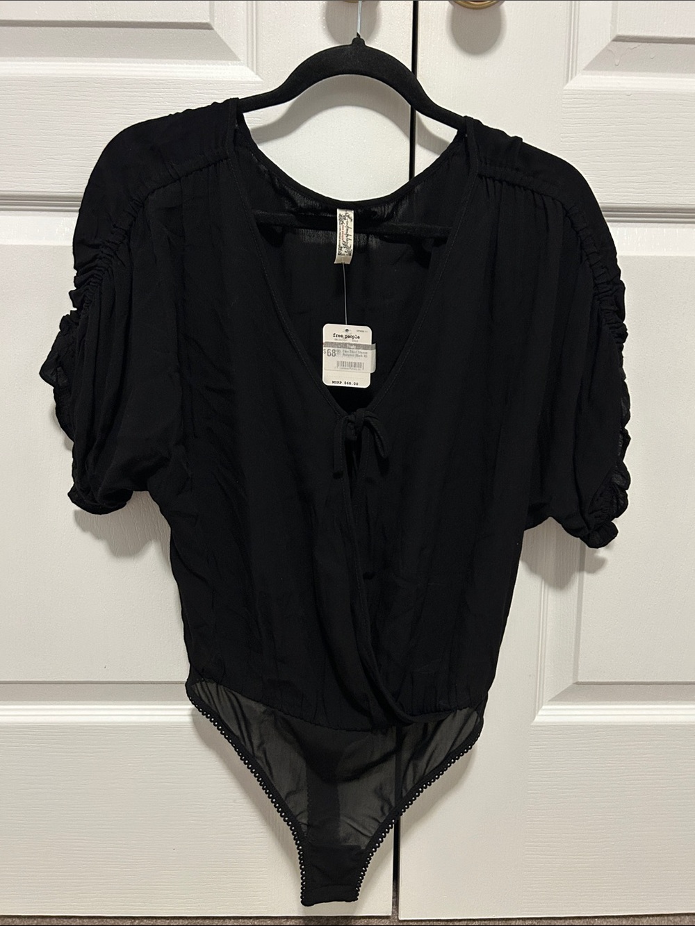 Free People Black Short Sleeve Tie-Front Bodysuit